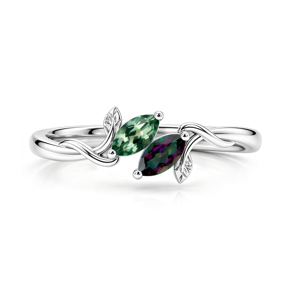 Bypass Leaf Toi Et Moi Rose Quartz and Ruby Ring - LUO Jewelry #gemstone_Green Sapphire and Mystic Topaz