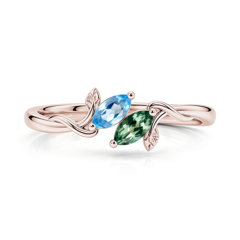 Bypass Leaf Toi Et Moi Rose Quartz and Ruby Ring - LUO Jewelry #gemstone_Green Sapphire and Swiss Blue Topaz
