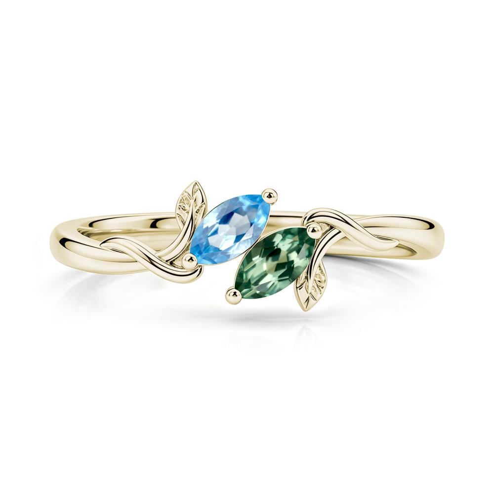Bypass Leaf Toi Et Moi Rose Quartz and Ruby Ring - LUO Jewelry #gemstone_Green Sapphire and Swiss Blue Topaz