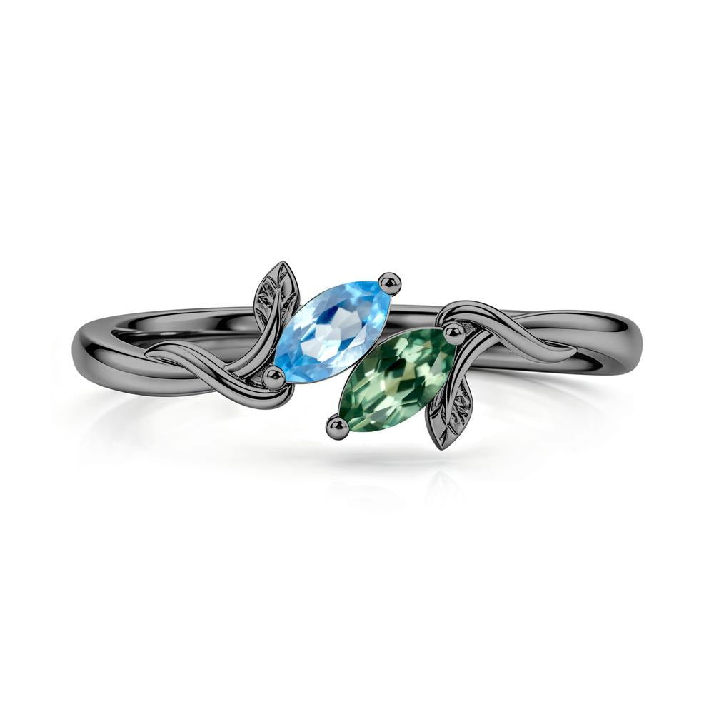 Bypass Leaf Toi Et Moi Rose Quartz and Ruby Ring - LUO Jewelry #gemstone_Green Sapphire and Swiss Blue Topaz