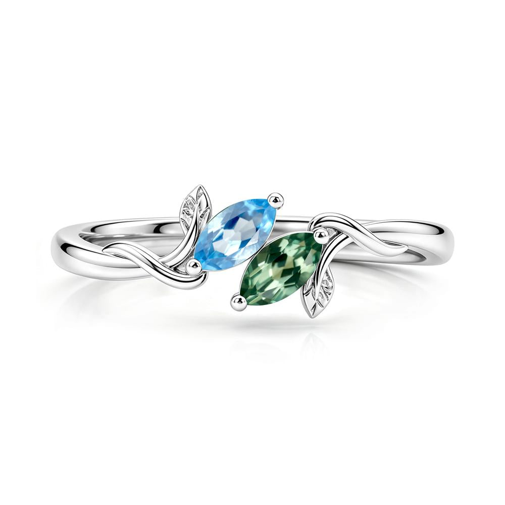 Bypass Leaf Toi Et Moi Rose Quartz and Ruby Ring - LUO Jewelry #gemstone_Green Sapphire and Swiss Blue Topaz