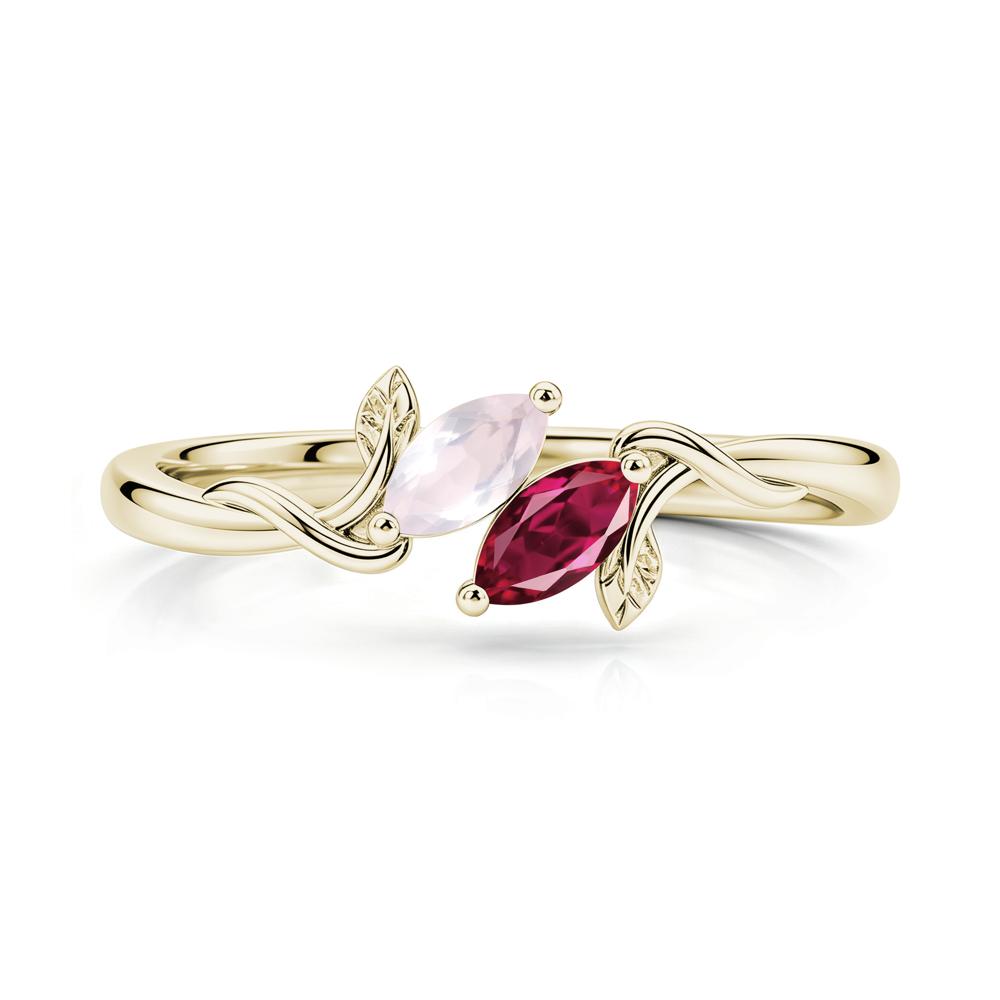 Bypass Leaf Toi Et Moi Rose Quartz and Ruby Ring - LUO Jewelry #gemstone_Rose Quartz and Ruby