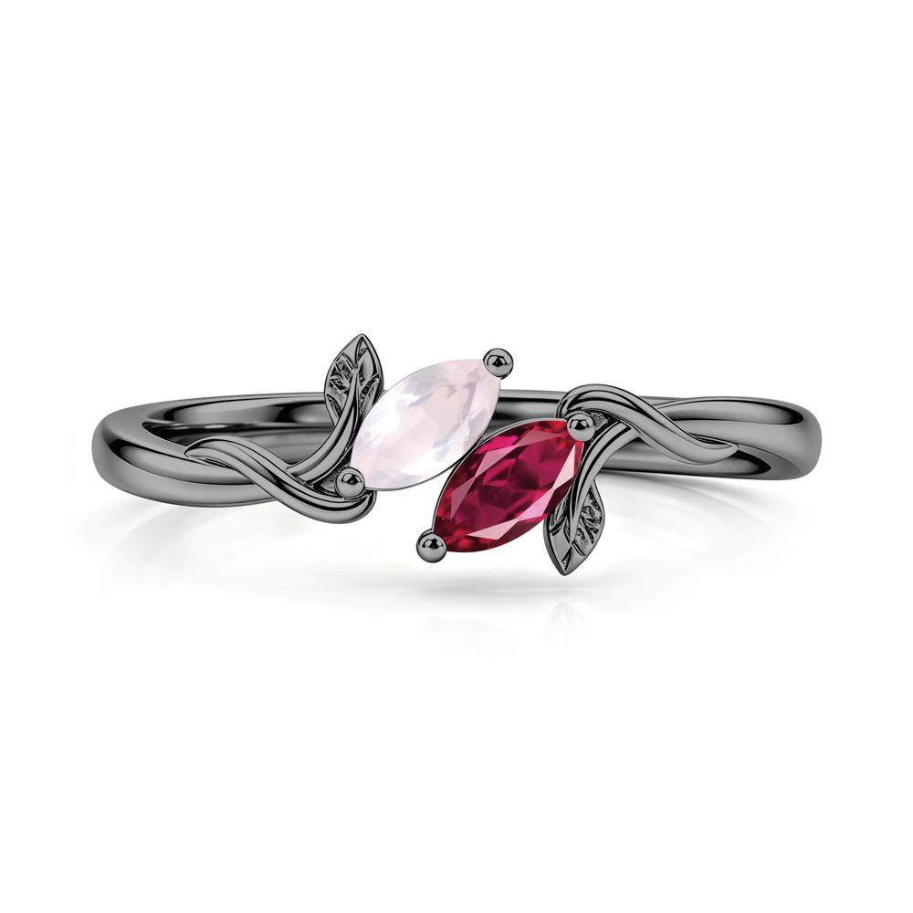 Bypass Leaf Toi Et Moi Rose Quartz and Ruby Ring - LUO Jewelry #gemstone_Rose Quartz and Ruby