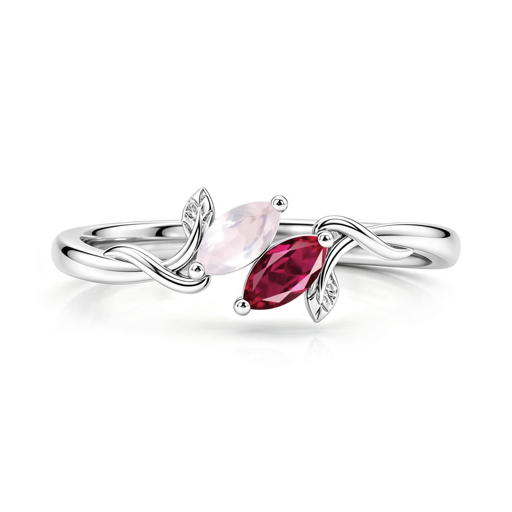 Bypass Leaf Toi Et Moi Rose Quartz and Ruby Ring - LUO Jewelry #gemstone_Rose Quartz and Ruby