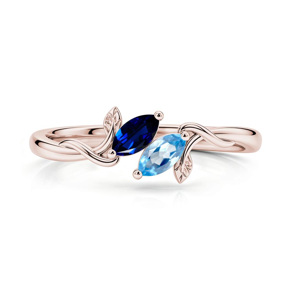 Bypass Leaf Toi Et Moi Rose Quartz and Ruby Ring - LUO Jewelry #gemstone_Sapphire and Swiss Blue Topaz