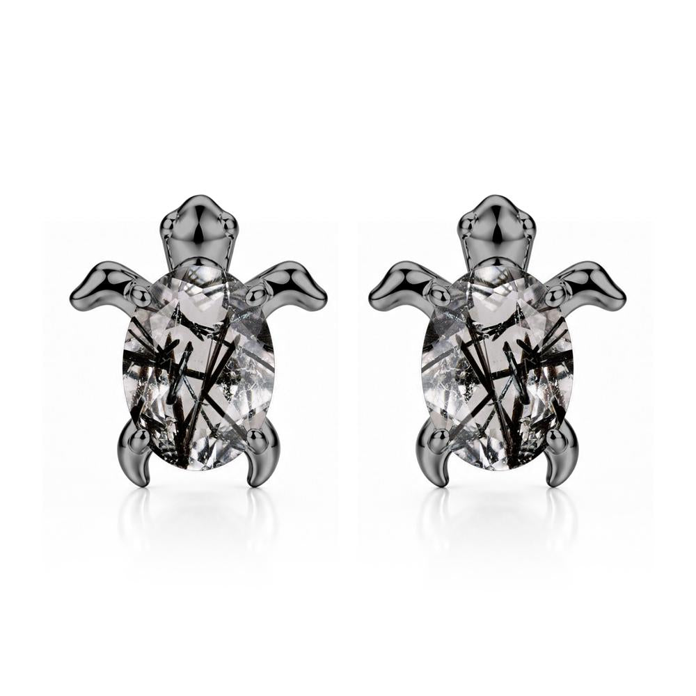 Oval Shaped Sapphire Turtle Stud Earrings - LUO Jewelry #gemstone_Black Rutilated Quartz