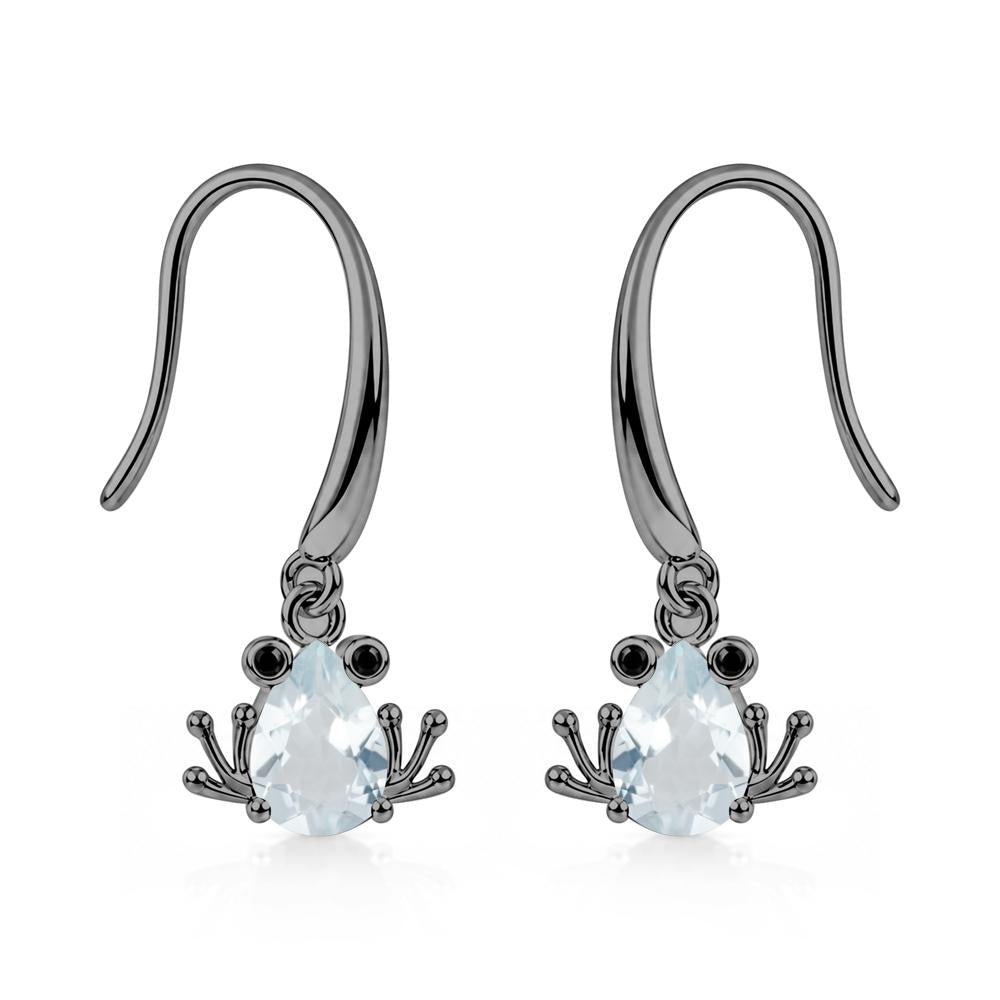Pear Cut Aquamarine and Black Spinel Frog Hook Earrings - LUO Jewelry #gemstone_Aquamarine and Black Spinel