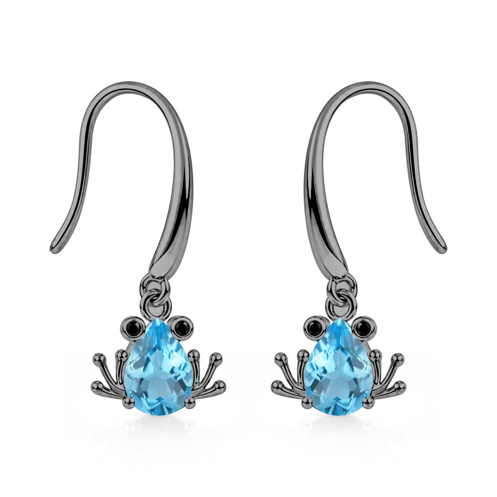 Pear Cut Aquamarine and Black Spinel Frog Hook Earrings - LUO Jewelry #gemstone_Swiss Blue Topaz and Black Spinel
