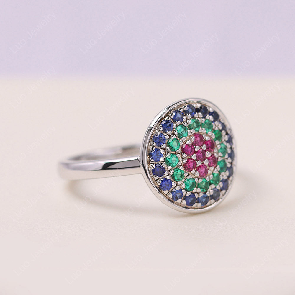 Round Halo Emerald And Ruby And Sapphire Pave Ring
