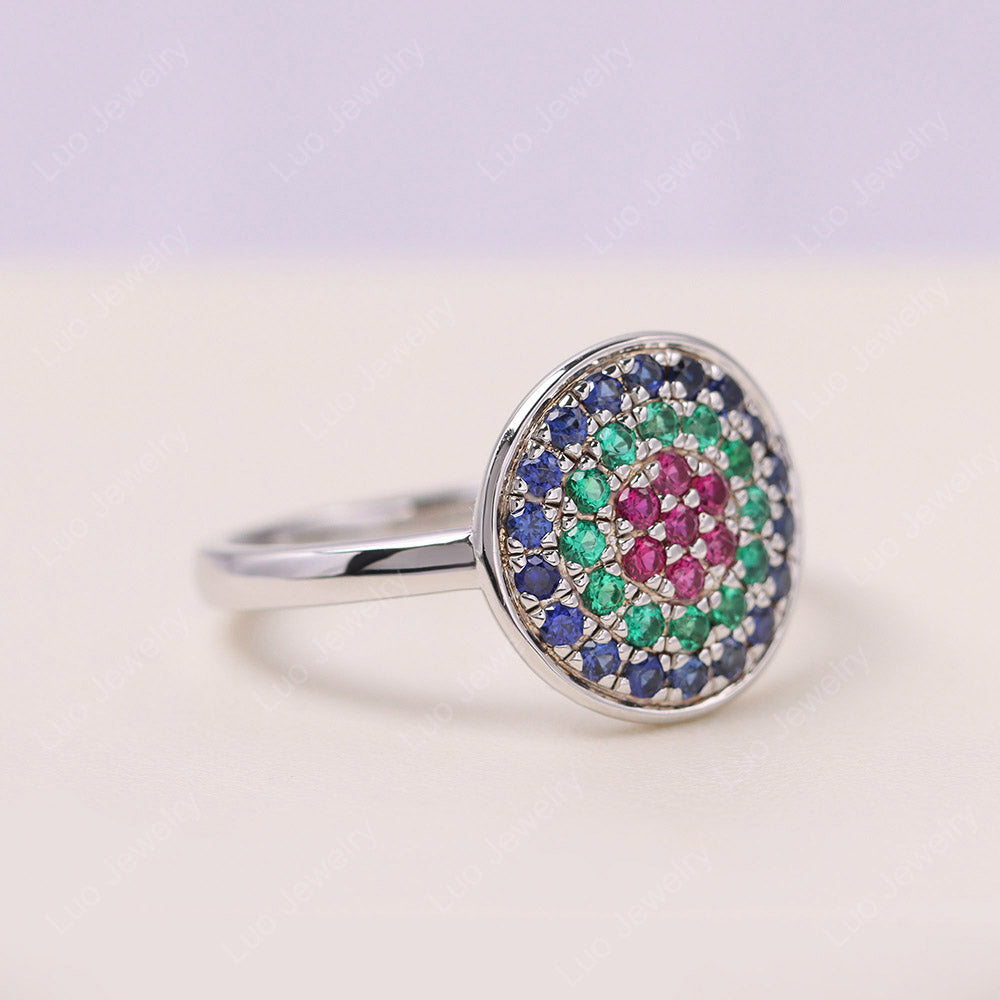 Round Halo Emerald And Ruby And Sapphire Pave Ring