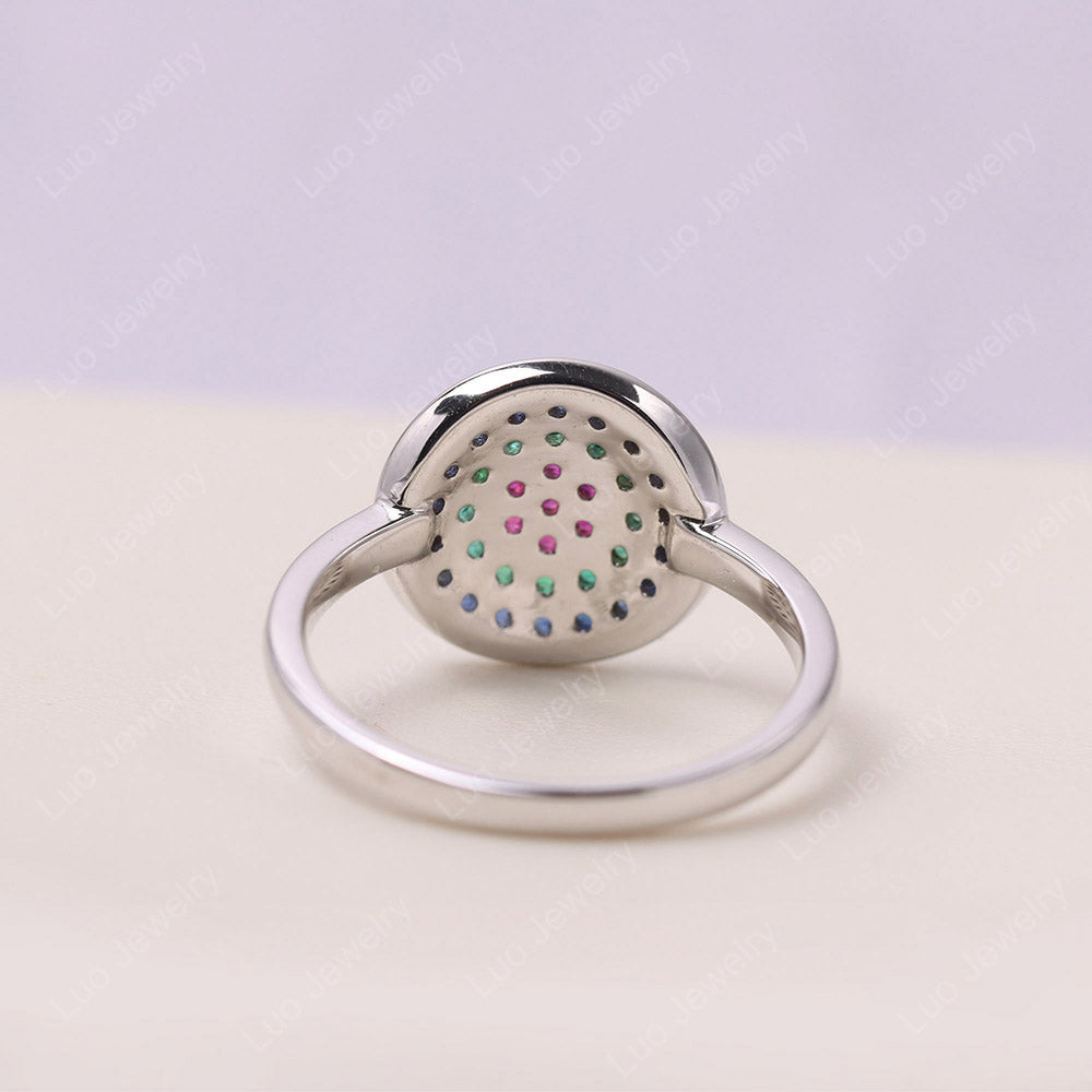 Round Halo Emerald And Ruby And Sapphire Pave Ring