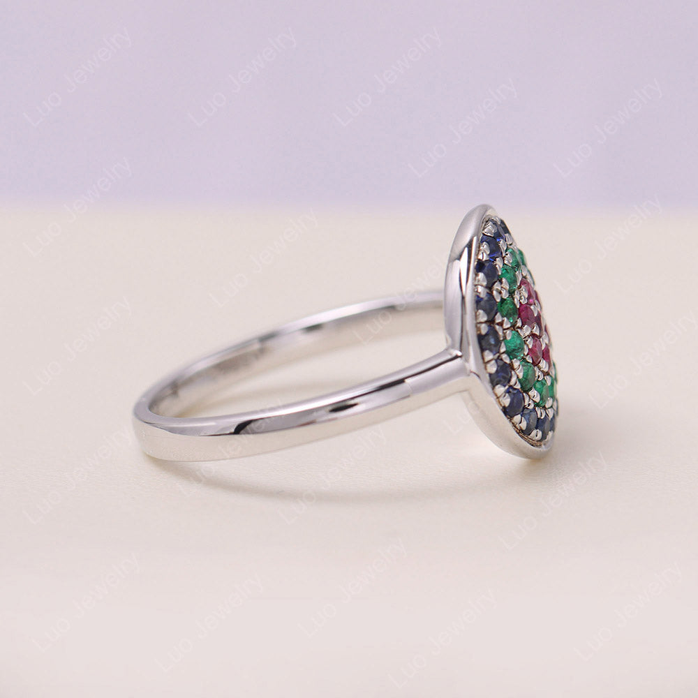 Round Halo Emerald And Ruby And Sapphire Pave Ring