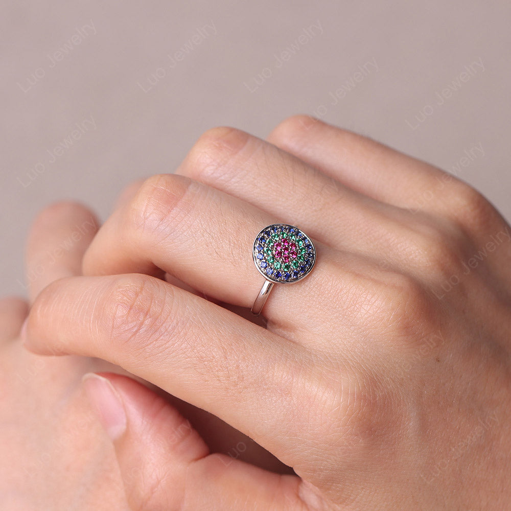 Round Halo Emerald And Ruby And Sapphire Pave Ring