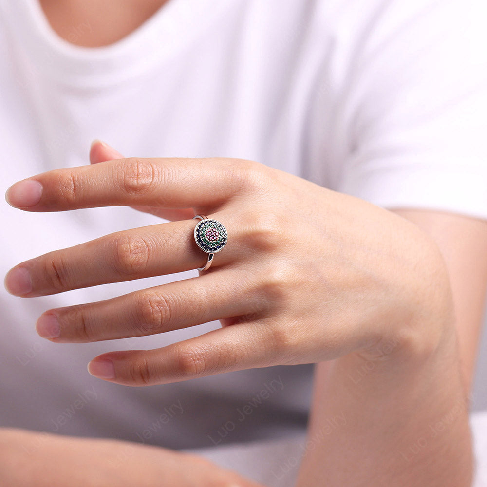 Round Halo Emerald And Ruby And Sapphire Pave Ring