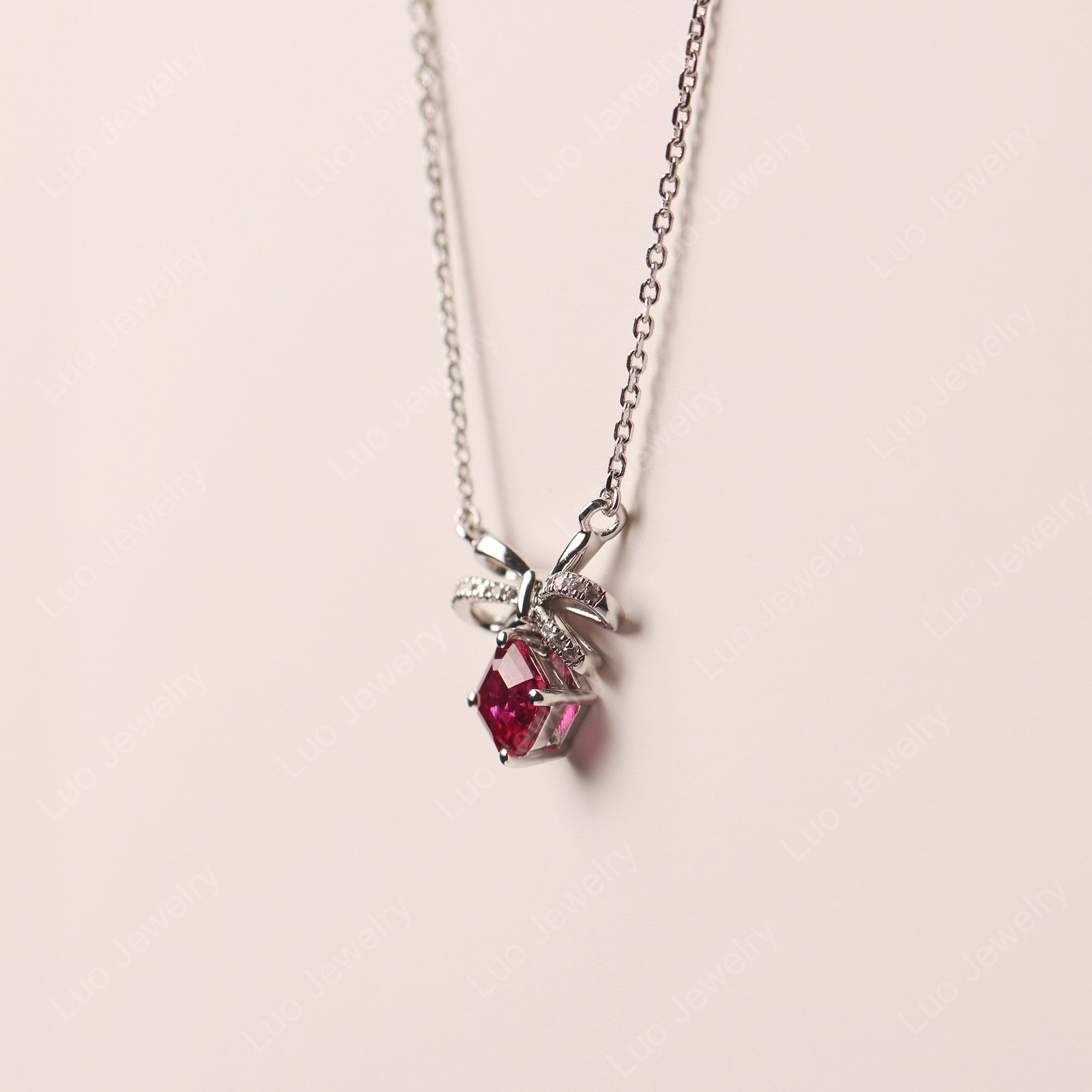 Asscher Cut Ruby Bowknot Necklace