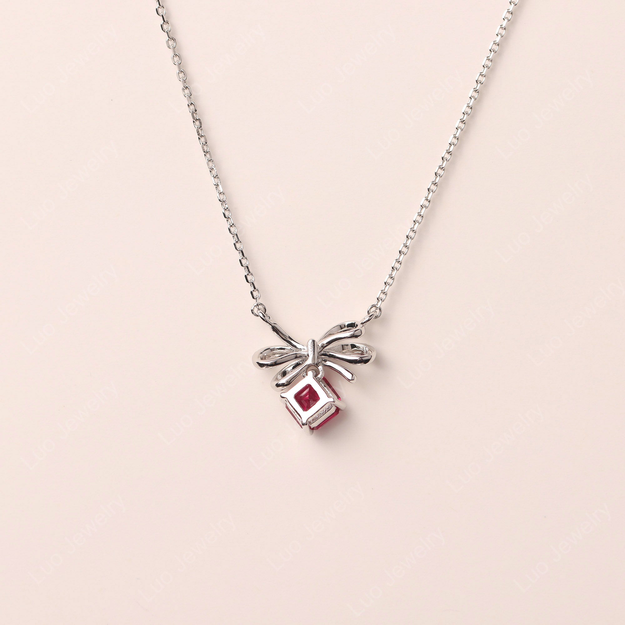 Asscher Cut Ruby Bowknot Necklace