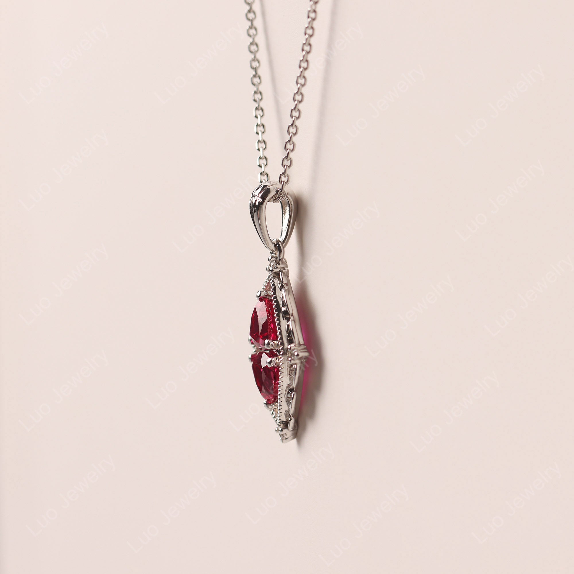 Vintage Two Stone Lab Ruby Necklace