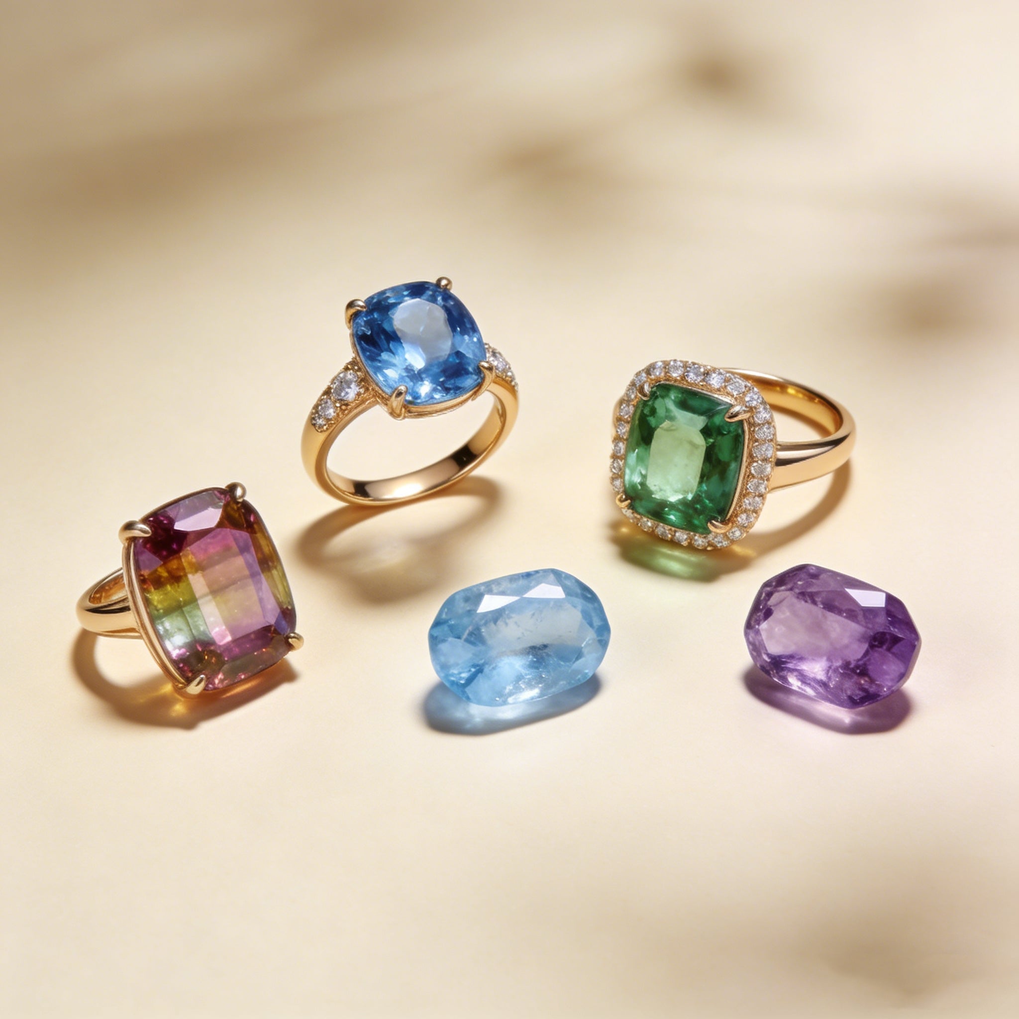 Colorful gemstones and gemstone rings