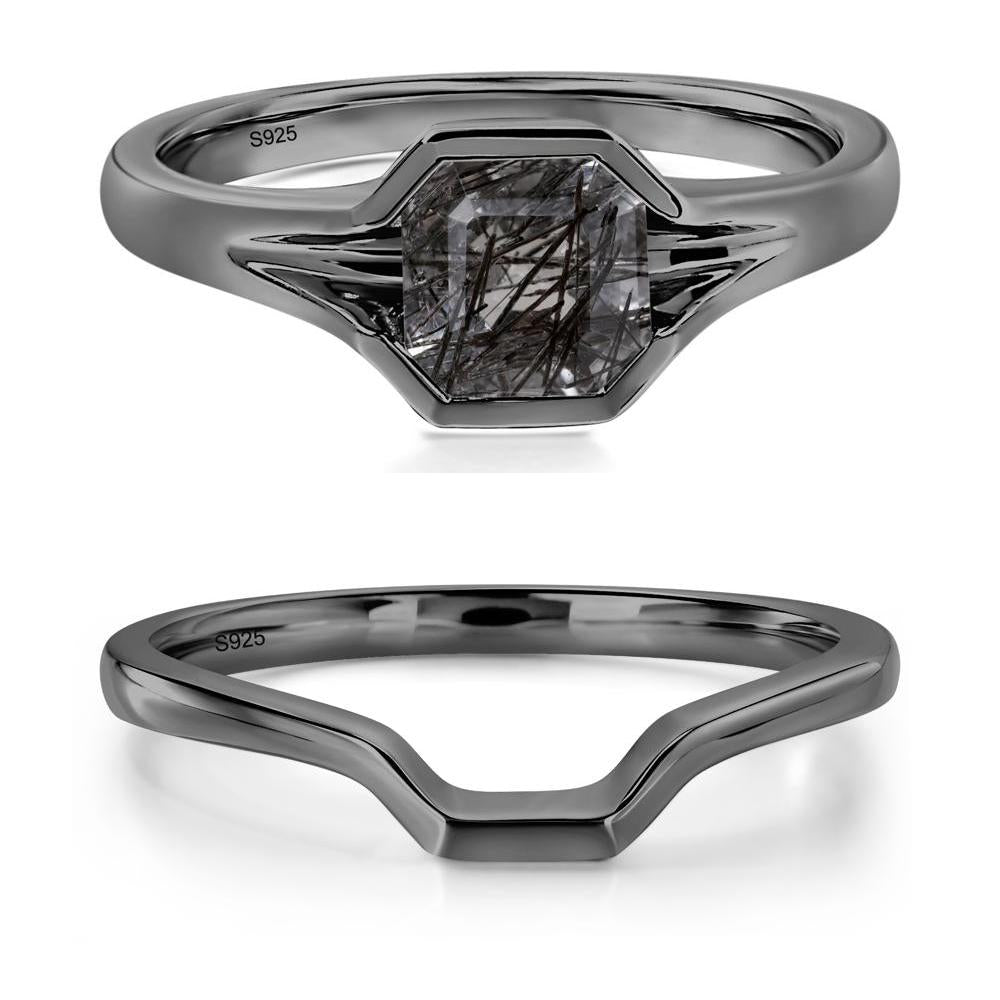 Black Rutilated Quartz Bezel Solitaire Ring - LUO Jewelry #metal_black finish sterling silver