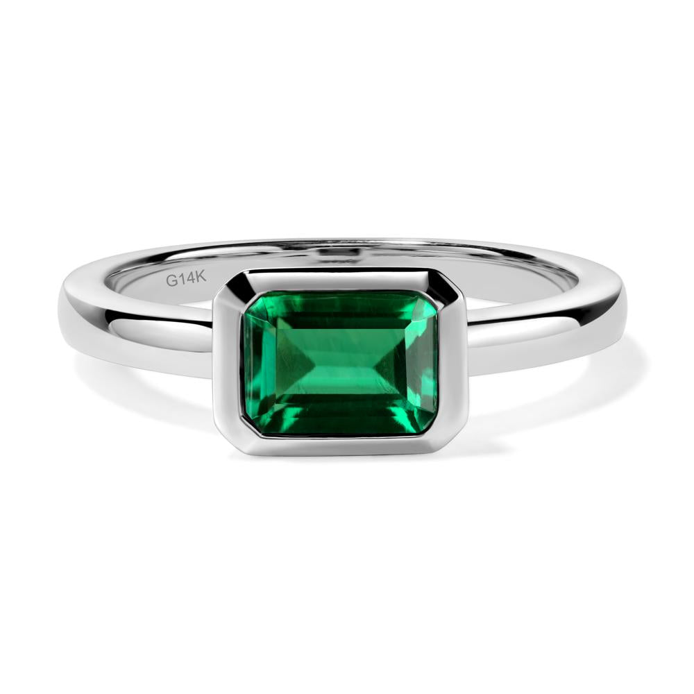 East West Emerald Cut Lab Emerald Bezel Ring - LUO Jewelry #metal_14k white gold