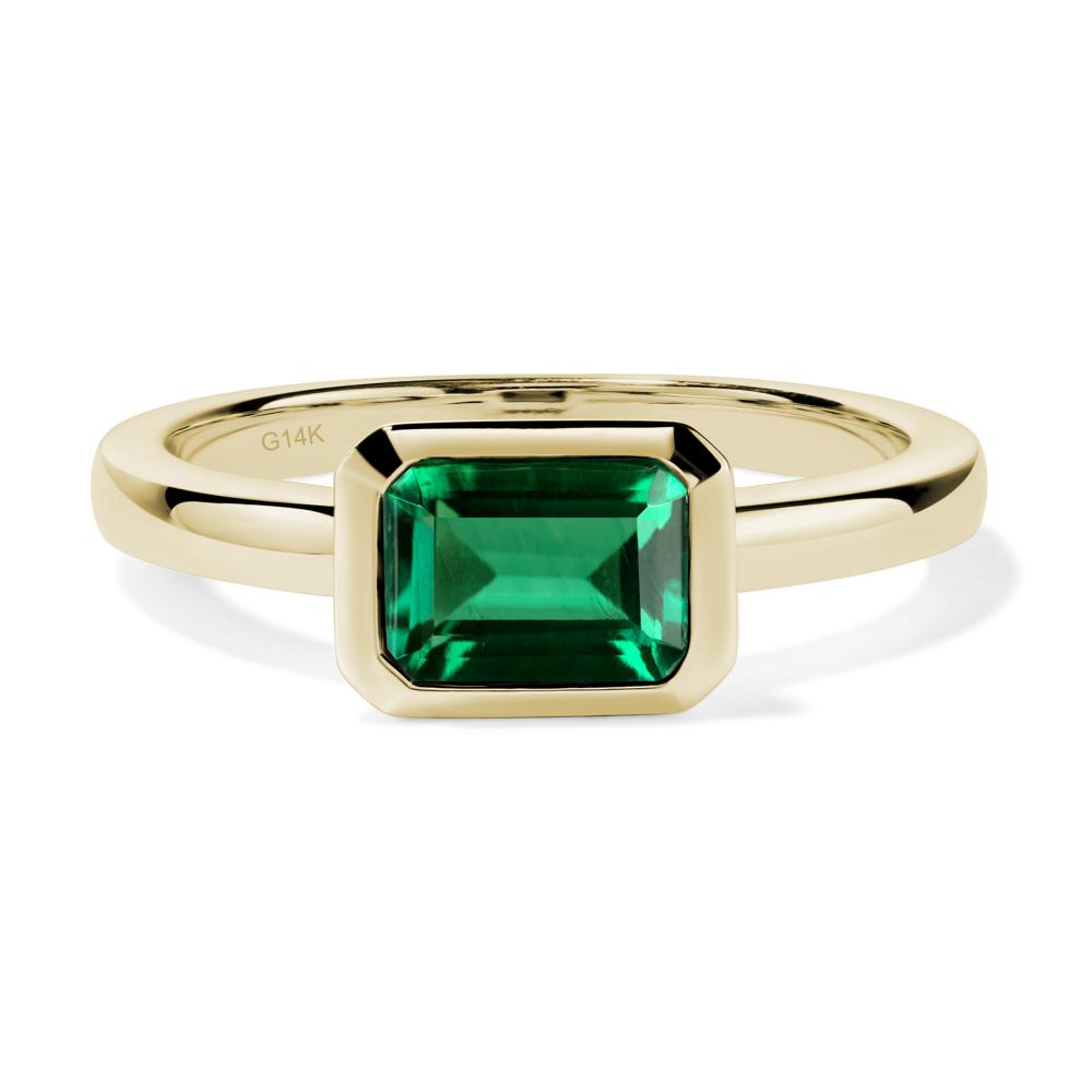East West Emerald Cut Lab Emerald Bezel Ring - LUO Jewelry #metal_14k yellow gold