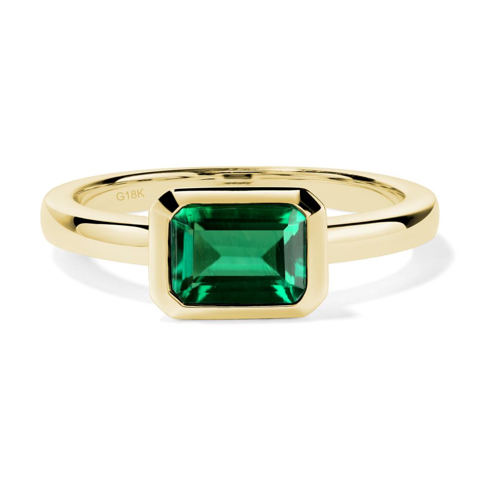 East West Emerald Cut Lab Emerald Bezel Ring - LUO Jewelry #metal_18k yellow gold