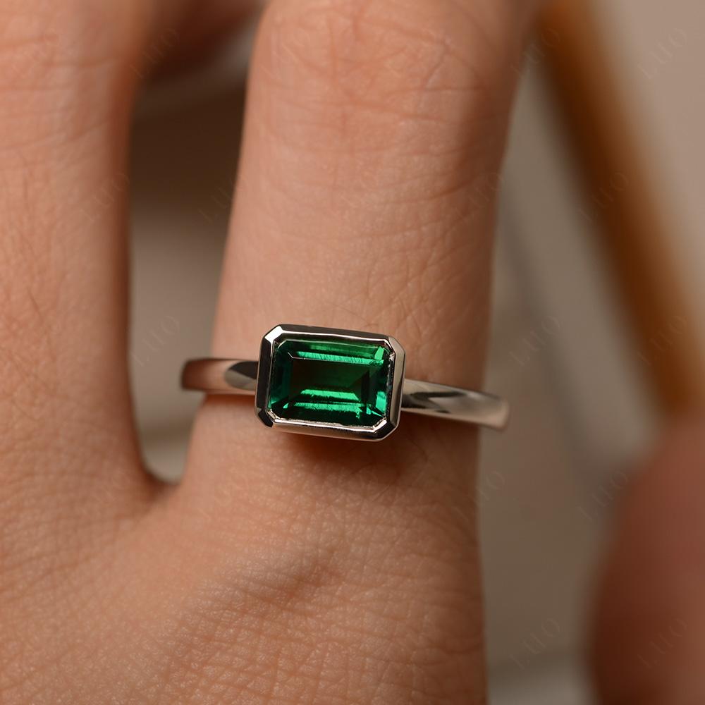 East West Emerald Cut Lab Emerald Bezel Ring - LUO Jewelry