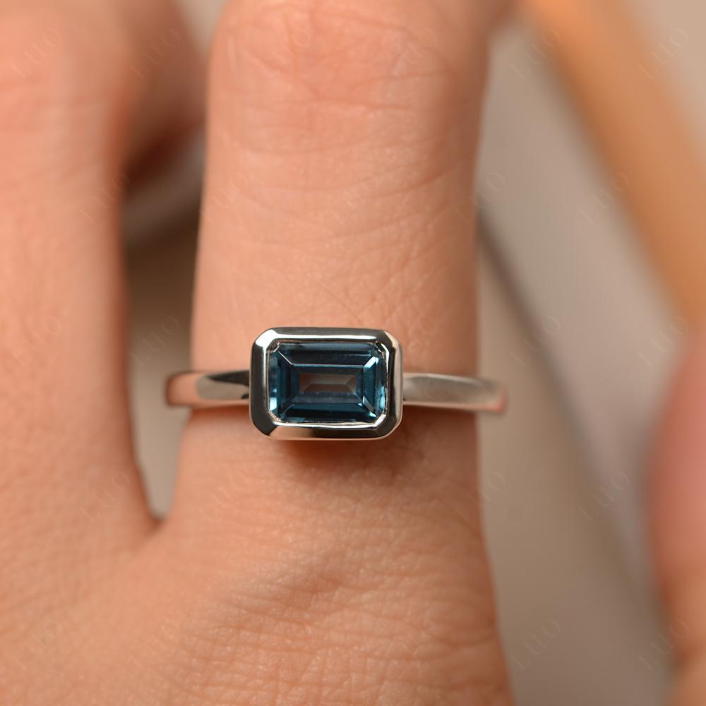 East West Emerald Cut London Blue Topaz Bezel Ring - LUO Jewelry