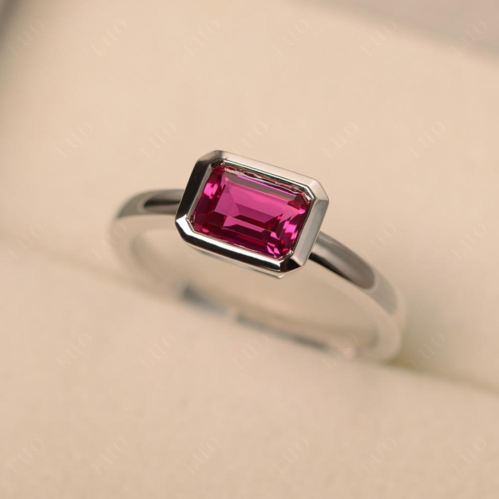 East West Emerald Cut Ruby Bezel Ring - LUO Jewelry
