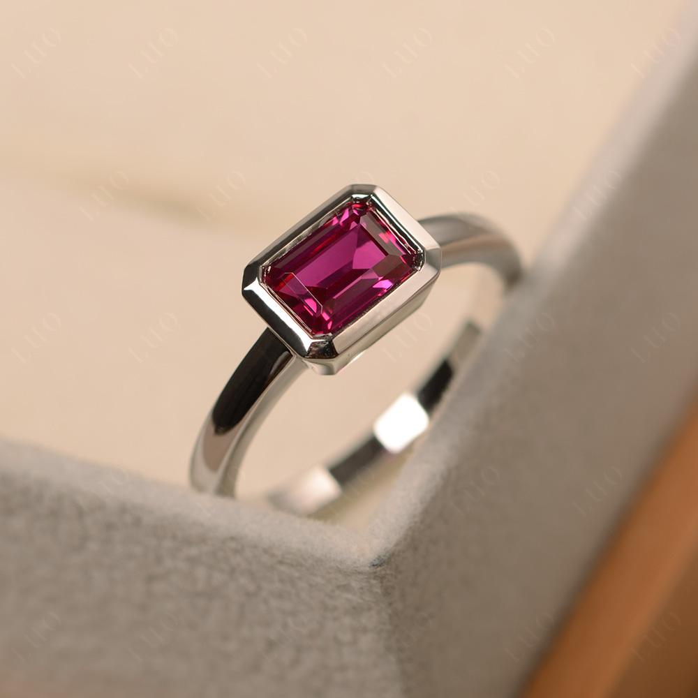 East West Emerald Cut Ruby Bezel Ring - LUO Jewelry