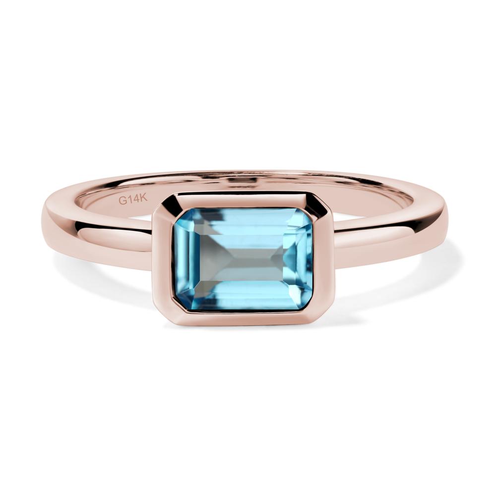 East West Emerald Cut Swiss Blue Topaz Bezel Ring - LUO Jewelry #metal_14k rose gold