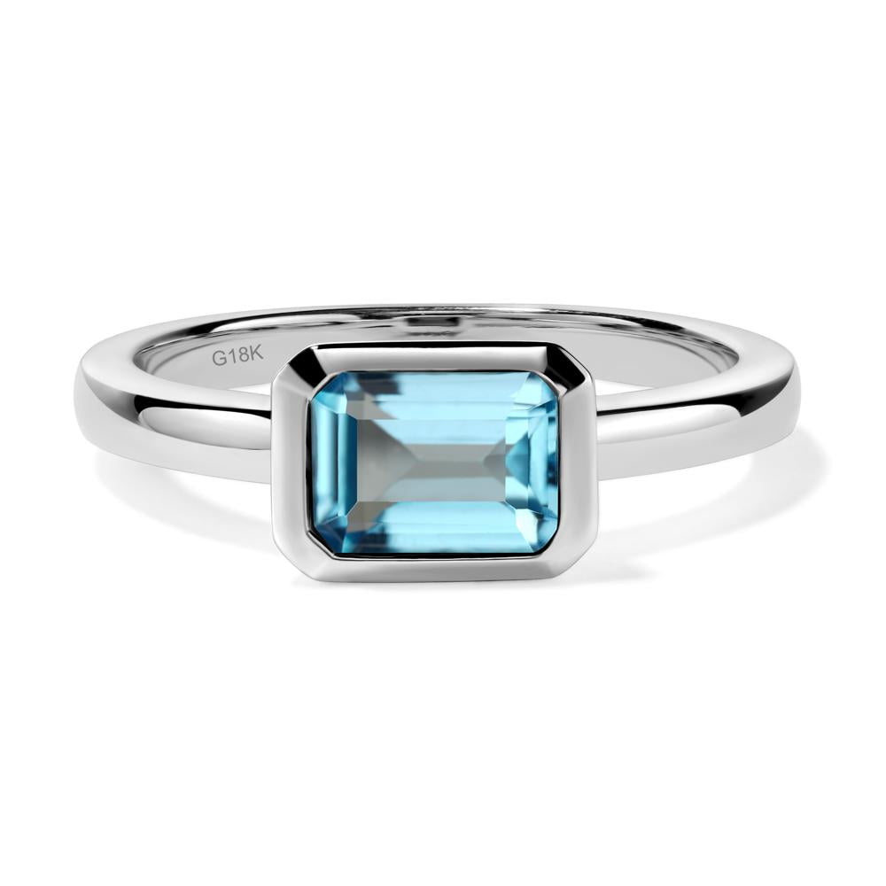 East West Emerald Cut Swiss Blue Topaz Bezel Ring - LUO Jewelry #metal_18k white gold