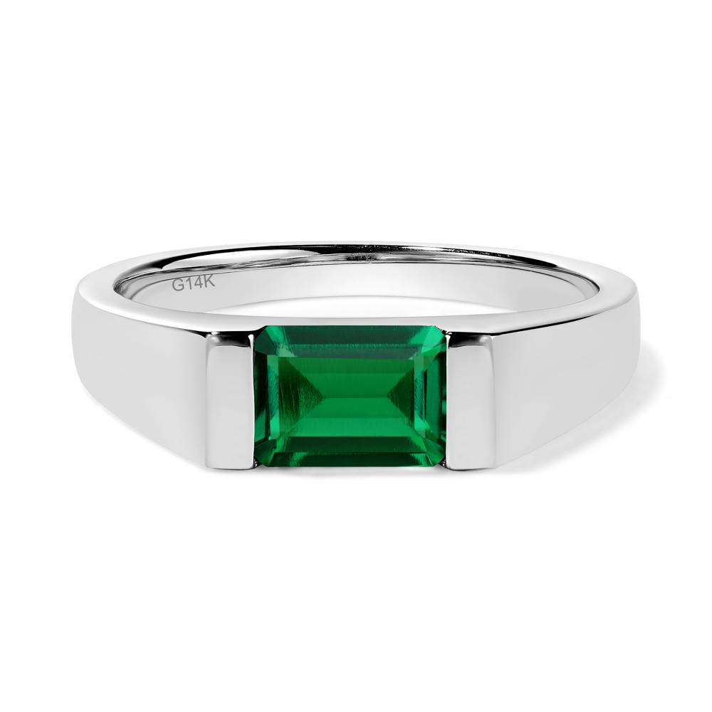 Horizontal Lab Emerald Gender Neutral Ring - LUO Jewelry #metal_14k white gold