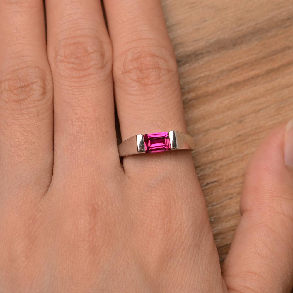 Horizontal Lab Created Ruby Gender Neutral Ring - LUO Jewelry
