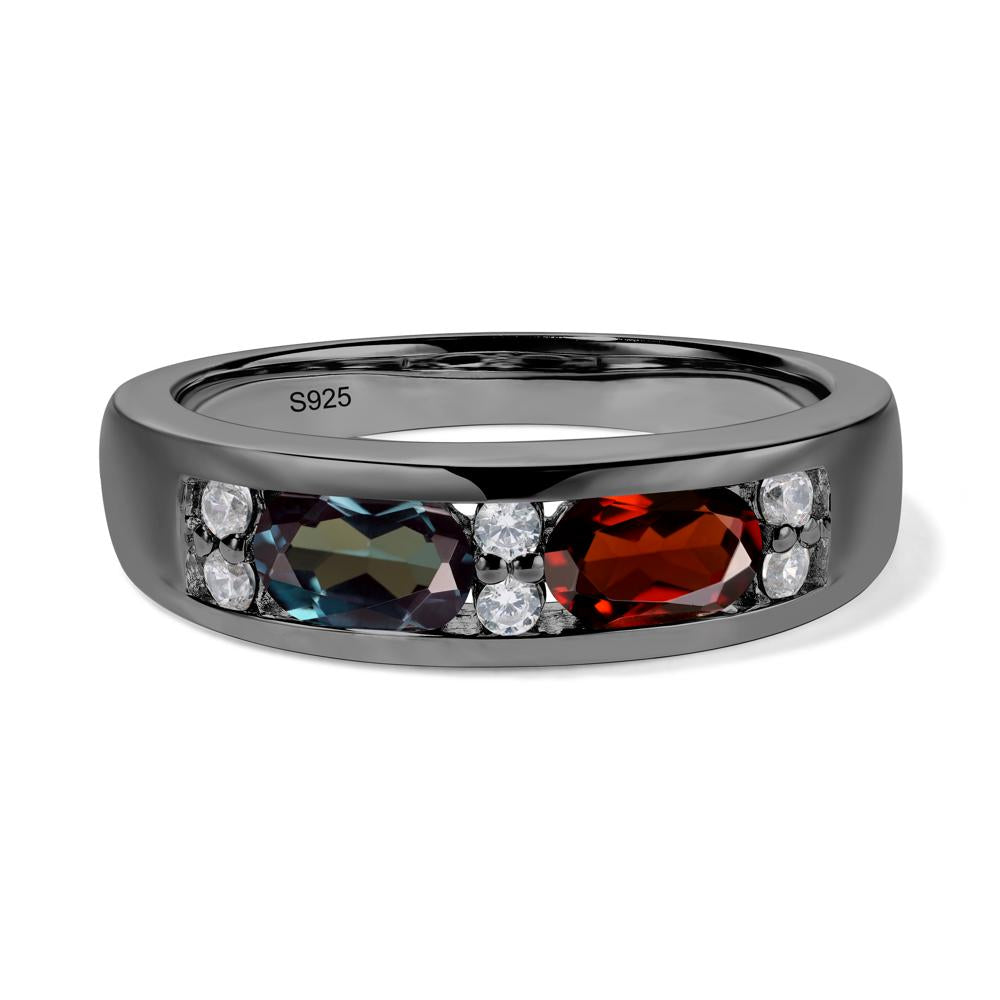 Oval Cut Lab Created Alexandrite and Garnet Toi Et Moi Wide Band Ring - LUO Jewelry #metal_black finish sterling silver