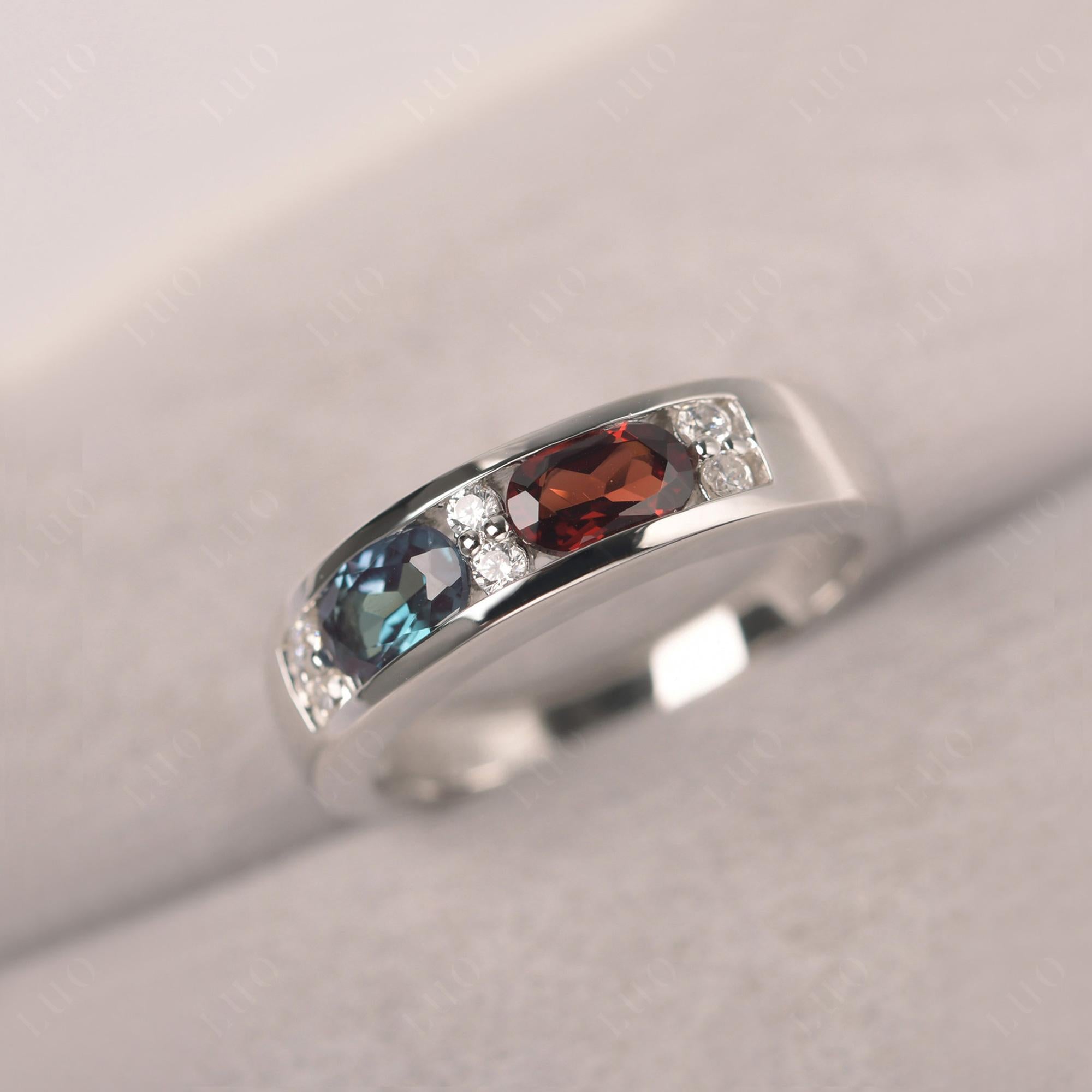 Oval Cut Lab Created Alexandrite and Garnet Toi Et Moi Wide Band Ring - LUO Jewelry