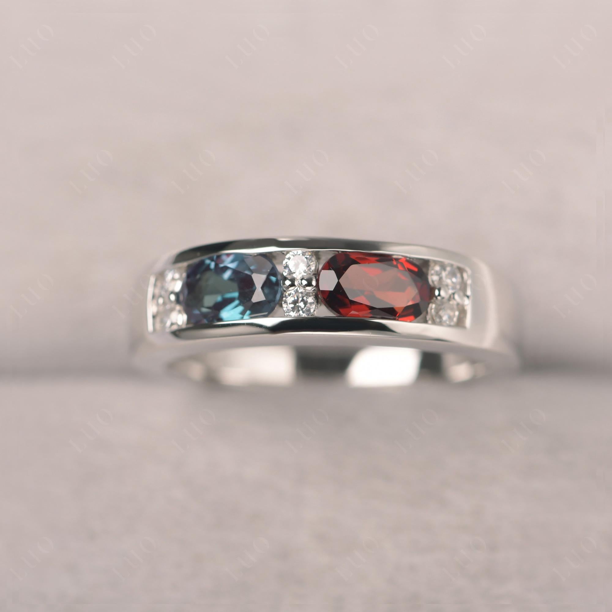 Oval Cut Lab Created Alexandrite and Garnet Toi Et Moi Wide Band Ring - LUO Jewelry