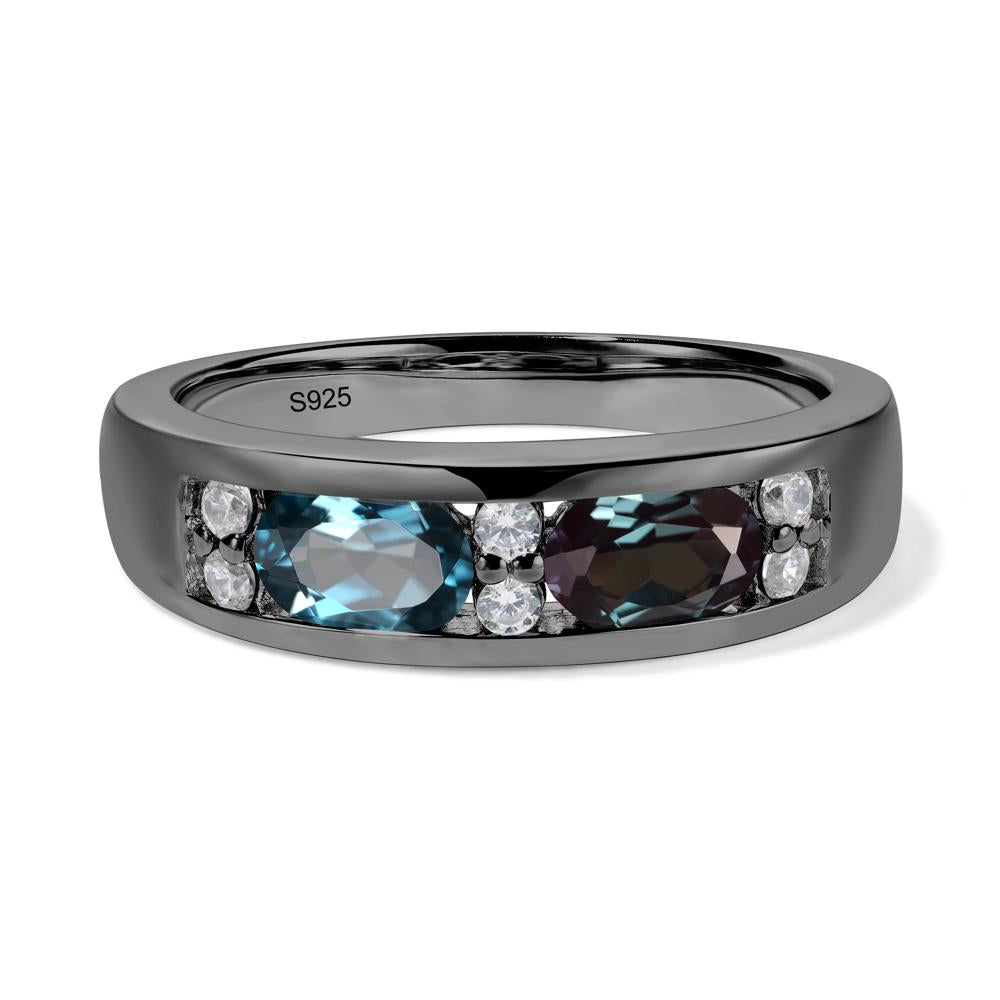 Oval Cut Lab Alexandrite and London Blue Topaz Toi Et Moi Wide Band Ring - LUO Jewelry #metal_black finish sterling silver