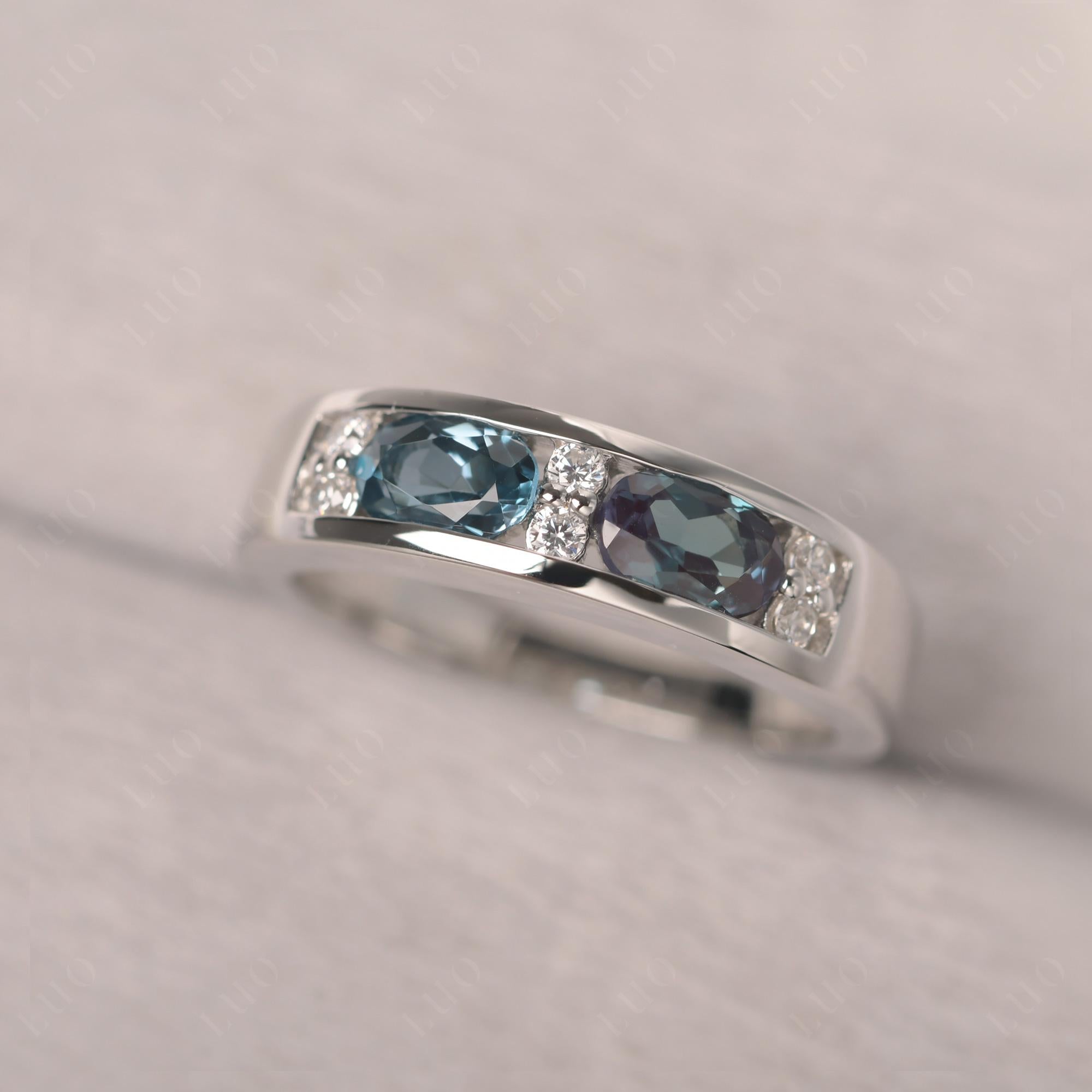 Oval Cut Lab Alexandrite and London Blue Topaz Toi Et Moi Wide Band Ring - LUO Jewelry