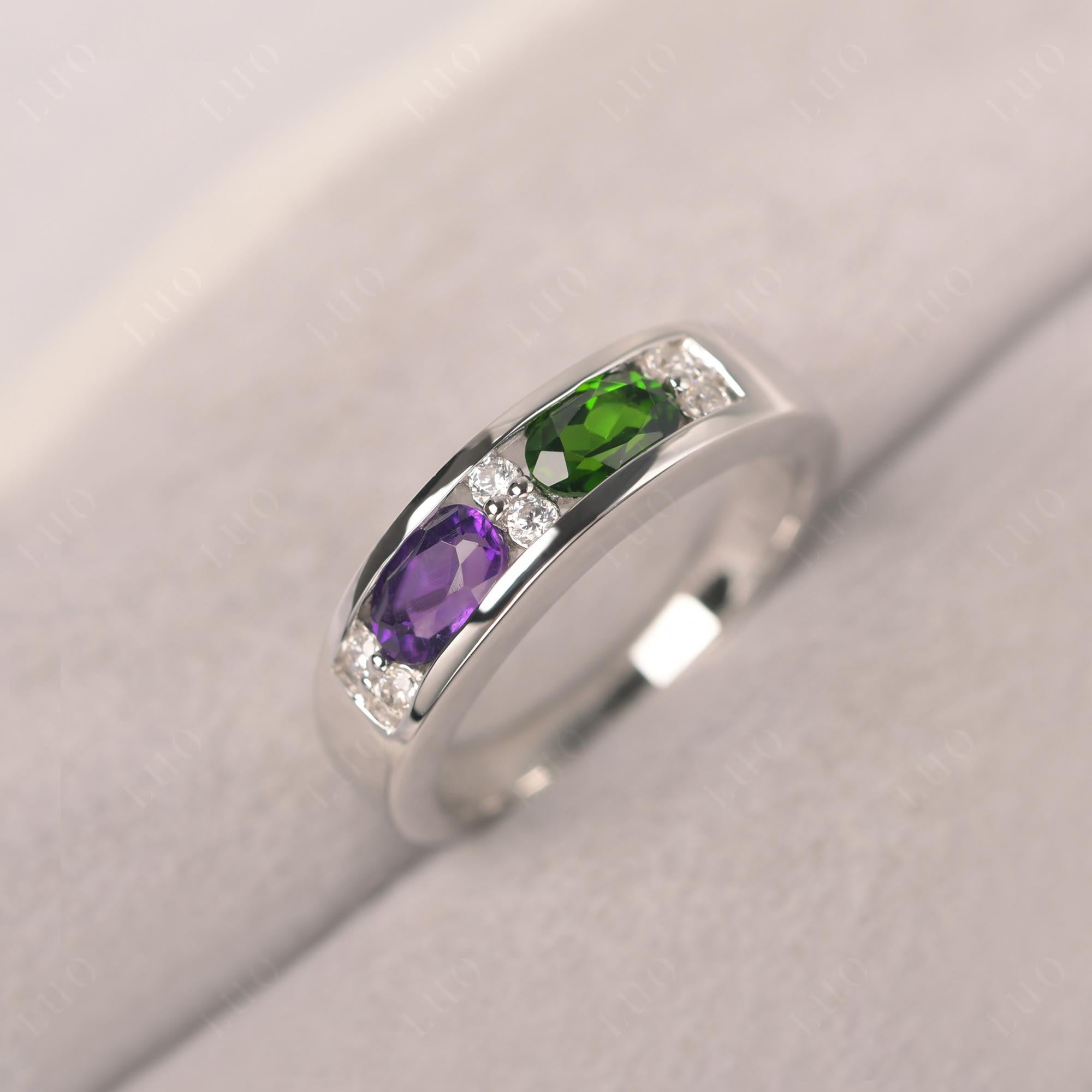 Oval Cut Amethyst and Diopside Toi Et Moi Wide Band Ring - LUO Jewelry