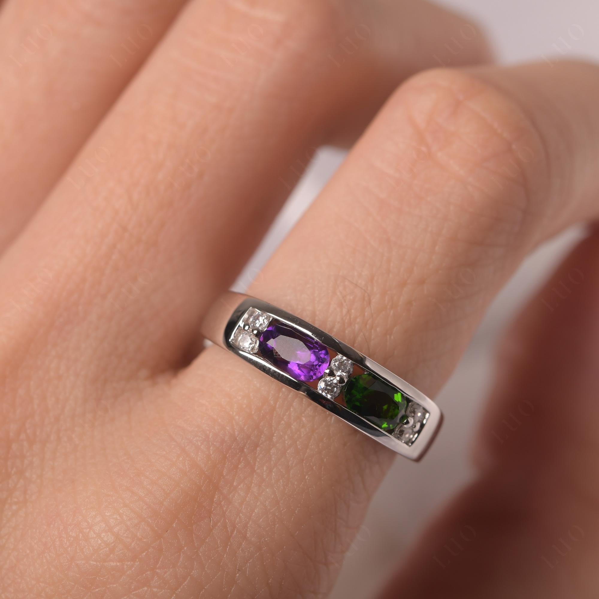 Oval Cut Amethyst and Diopside Toi Et Moi Wide Band Ring - LUO Jewelry