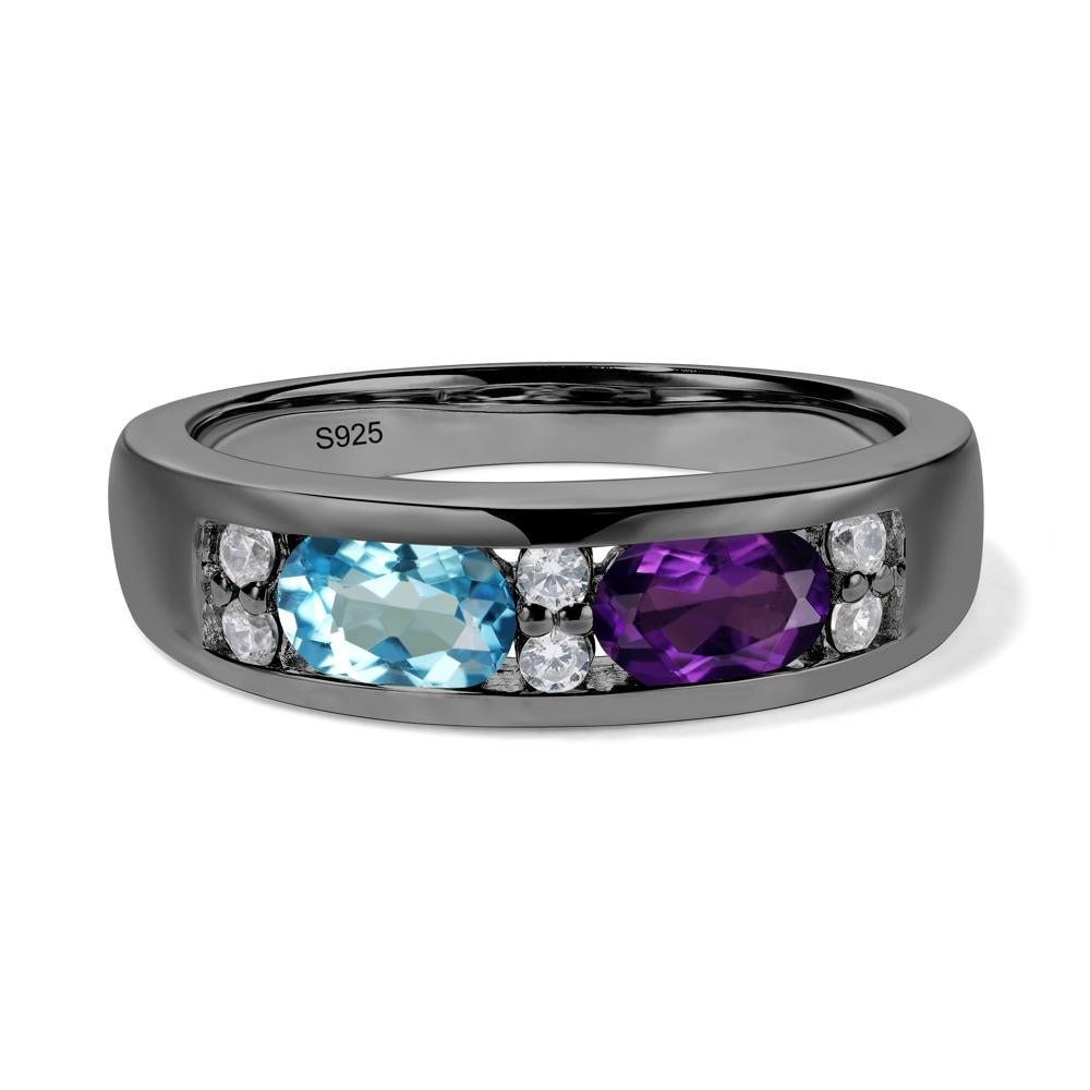 Oval Cut Amethyst and Swiss Blue Topaz Toi Et Moi Wide Band Ring - LUO Jewelry #metal_black finish sterling silver
