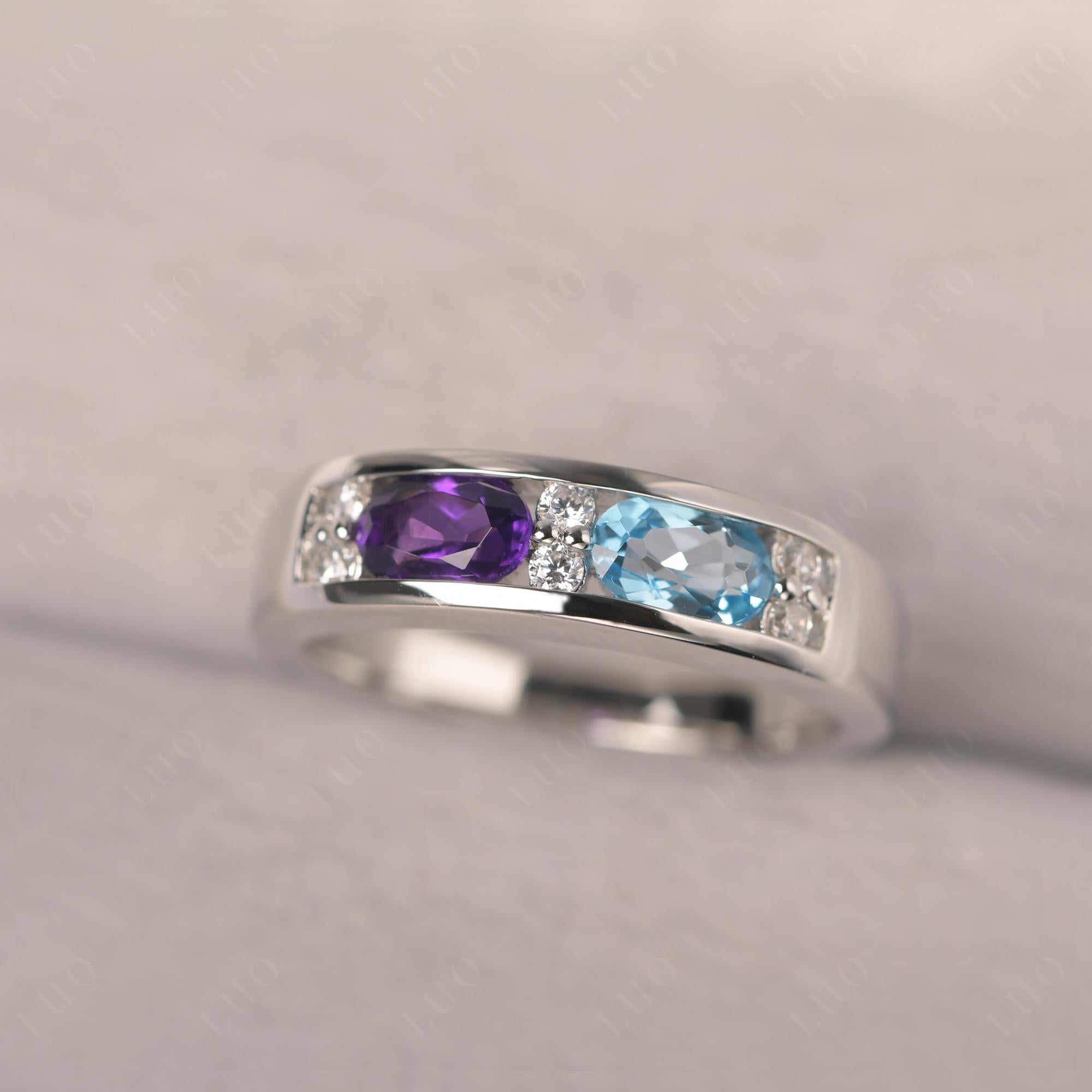 Oval Cut Amethyst and Swiss Blue Topaz Toi Et Moi Wide Band Ring - LUO Jewelry