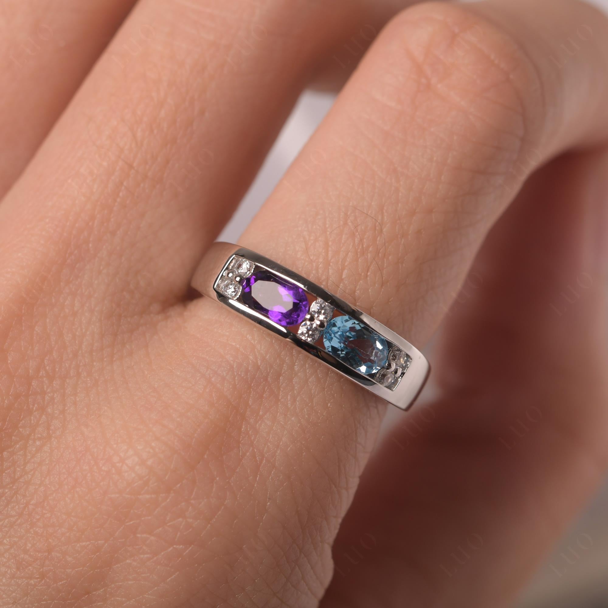 Oval Cut Amethyst and Swiss Blue Topaz Toi Et Moi Wide Band Ring - LUO Jewelry