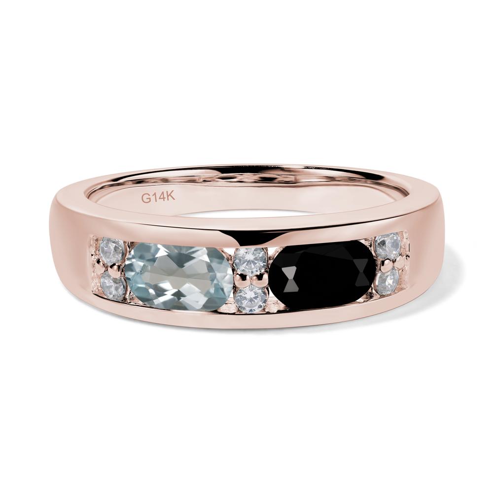 Oval Cut Aquamarine and Black Spinel Toi Et Moi Wide Band Ring - LUO Jewelry #metal_14k rose gold