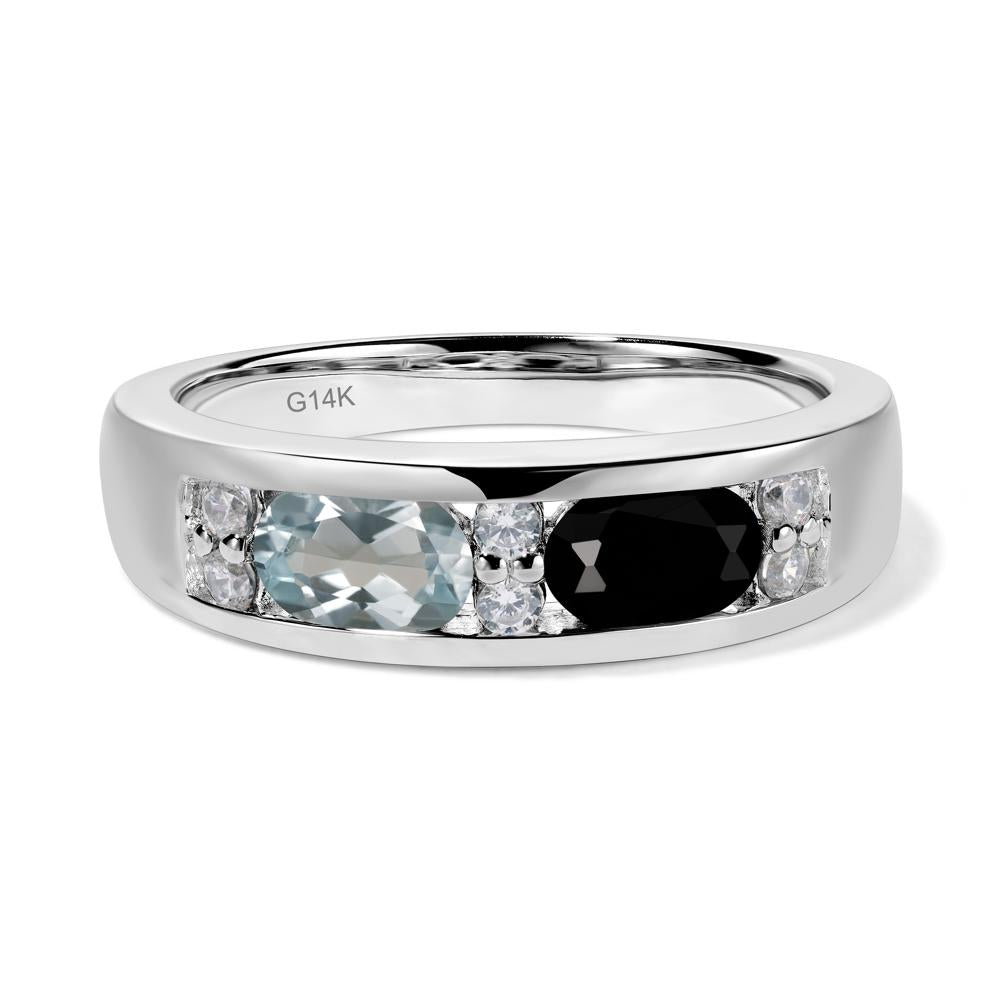 Oval Cut Aquamarine and Black Spinel Toi Et Moi Wide Band Ring - LUO Jewelry #metal_14k white gold