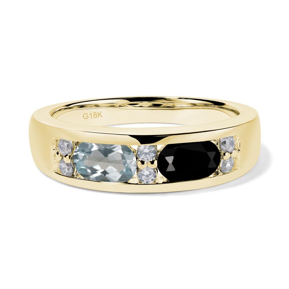Oval Cut Aquamarine and Black Spinel Toi Et Moi Wide Band Ring - LUO Jewelry #metal_18k yellow gold