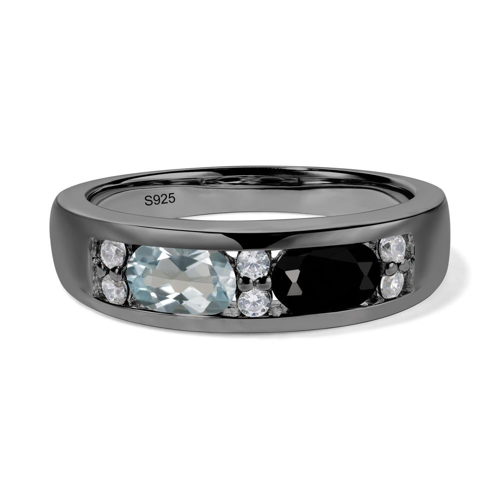 Oval Cut Aquamarine and Black Spinel Toi Et Moi Wide Band Ring - LUO Jewelry #metal_black finish sterling silver