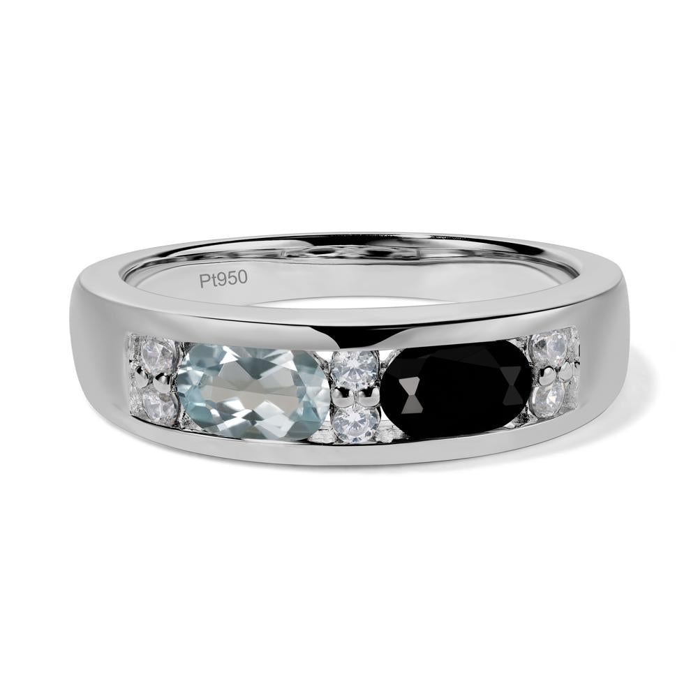 Oval Cut Aquamarine and Black Spinel Toi Et Moi Wide Band Ring - LUO Jewelry #metal_platinum