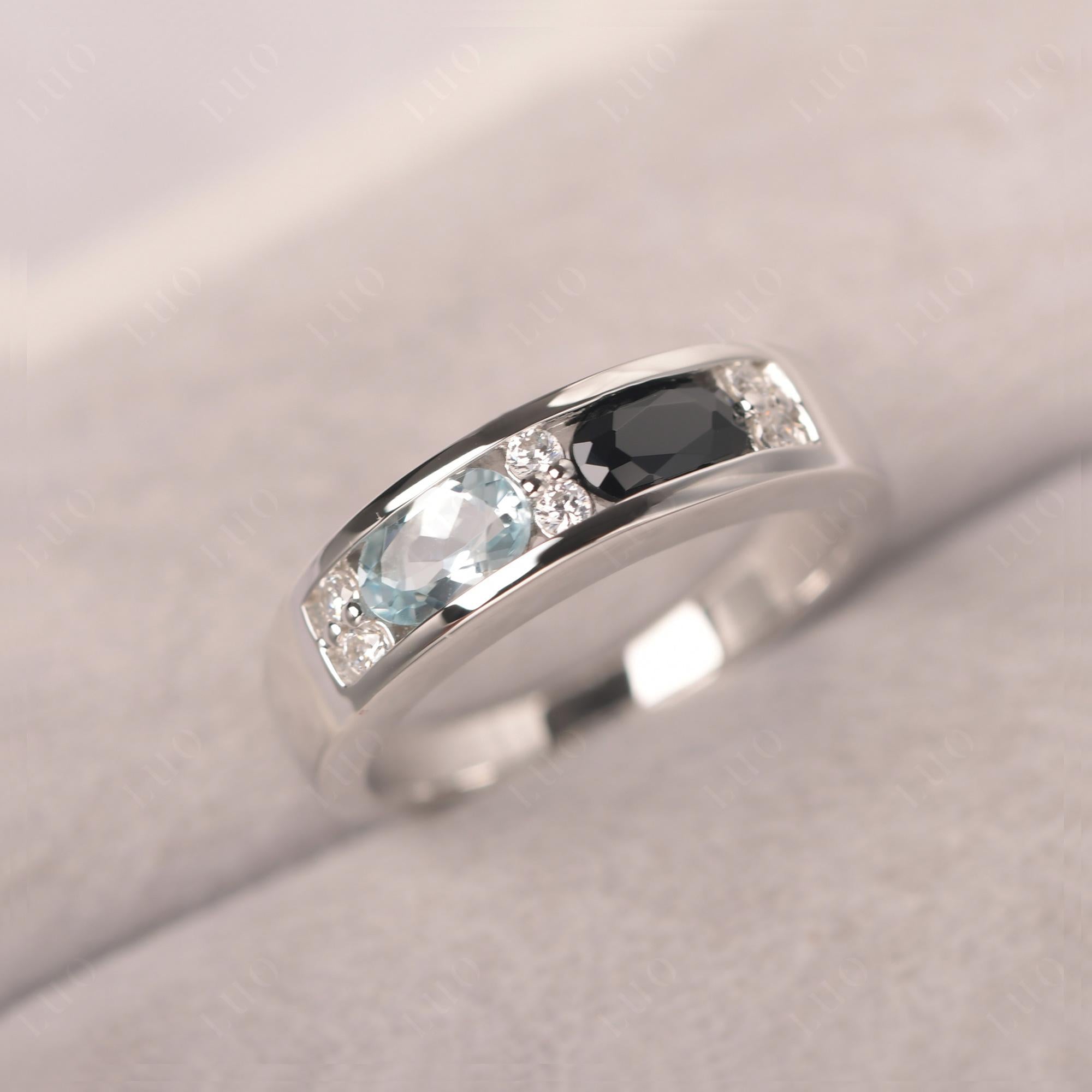 Oval Cut Aquamarine and Black Spinel Toi Et Moi Wide Band Ring - LUO Jewelry